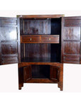 Stained burlwood Chinese armoire with four doors and brass hardware, 19th century, front view.