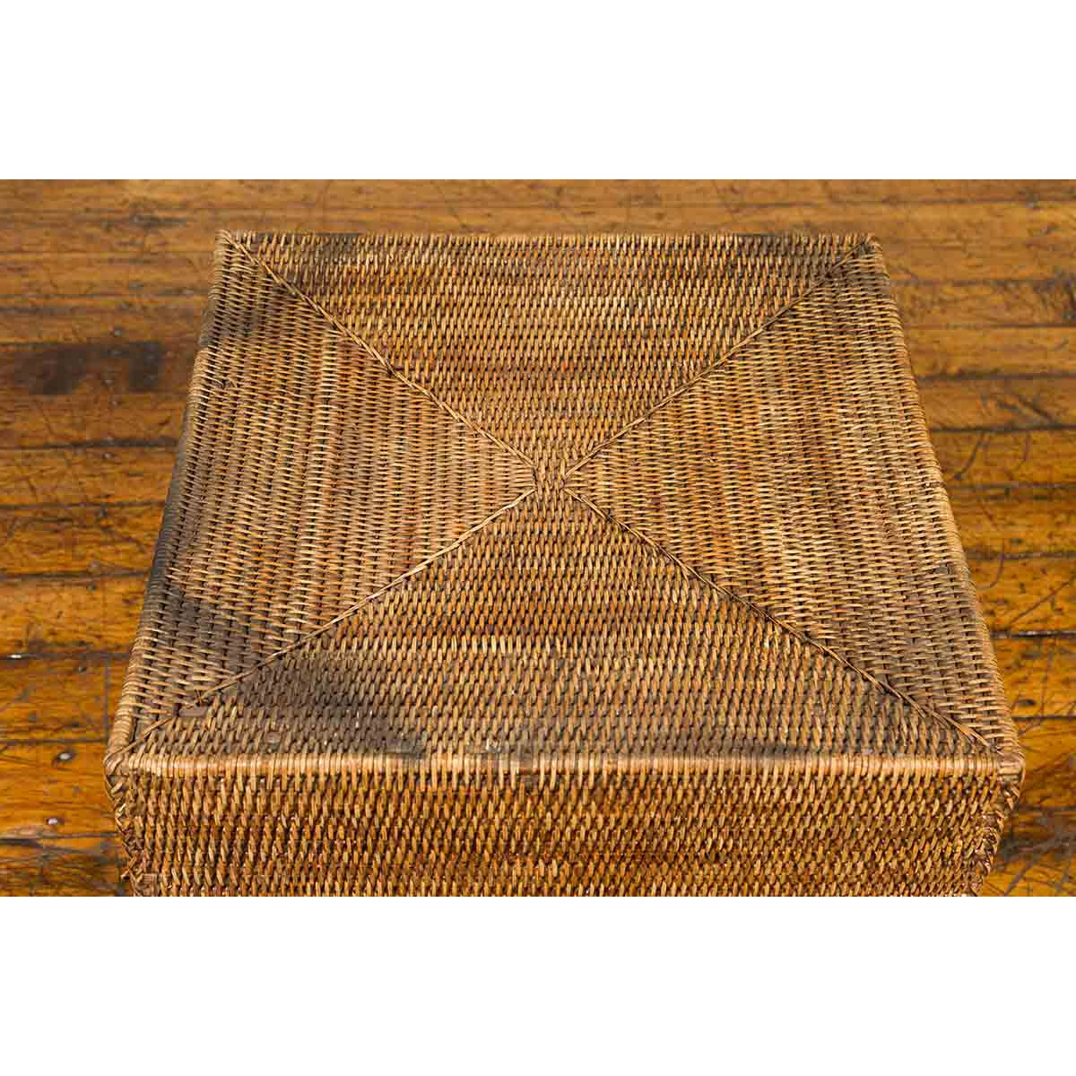 Rustic Burmese Vintage Square Shaped Rattan Basket with Weathered Patina-7. Asian & Chinese Furniture, Art, Antiques, Vintage Home Décor for sale at FEA Home