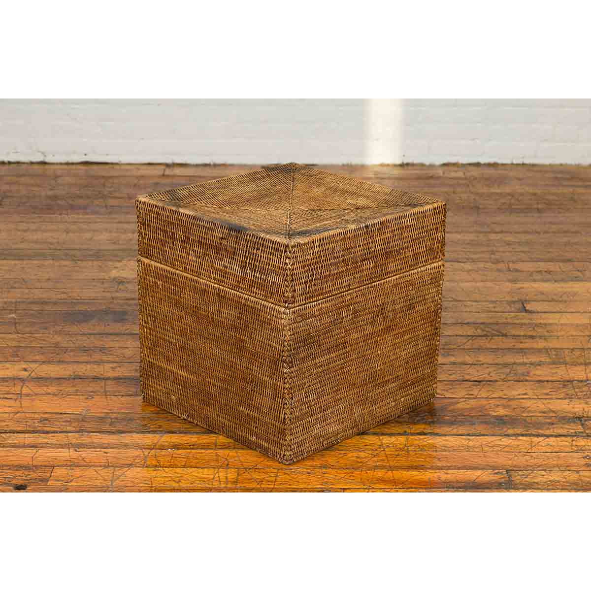 Rustic Burmese Vintage Square Shaped Rattan Basket with Weathered Patina-10. Asian & Chinese Furniture, Art, Antiques, Vintage Home Décor for sale at FEA Home