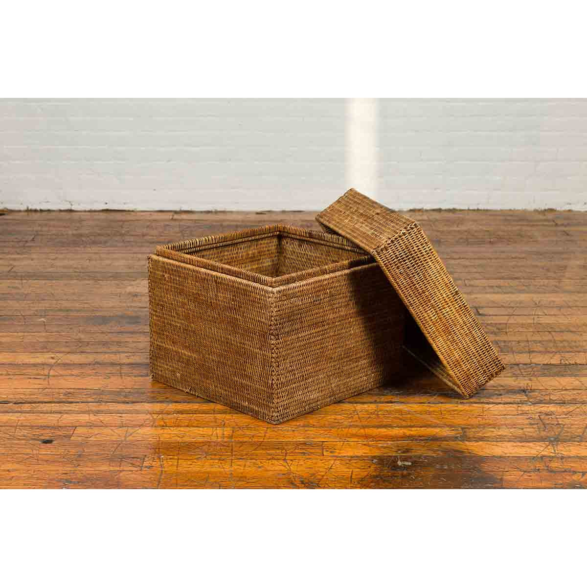 Rustic Burmese Vintage Square Shaped Rattan Basket with Weathered Patina-5. Asian & Chinese Furniture, Art, Antiques, Vintage Home Décor for sale at FEA Home