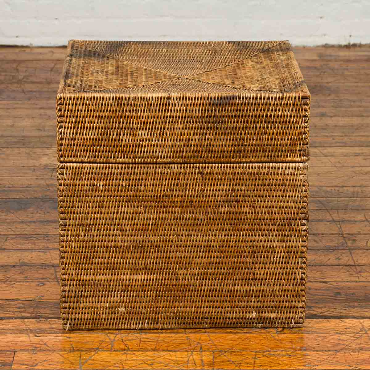 Rustic Burmese Vintage Square Shaped Rattan Basket with Weathered Patina-3. Asian & Chinese Furniture, Art, Antiques, Vintage Home Décor for sale at FEA Home