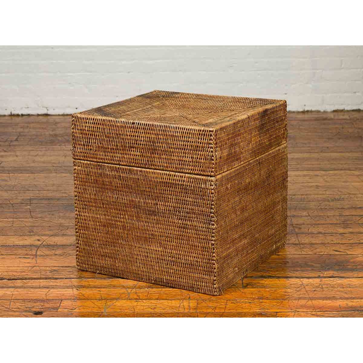 Rustic Burmese Vintage Square Shaped Rattan Basket with Weathered Patina-8. Asian & Chinese Furniture, Art, Antiques, Vintage Home Décor for sale at FEA Home