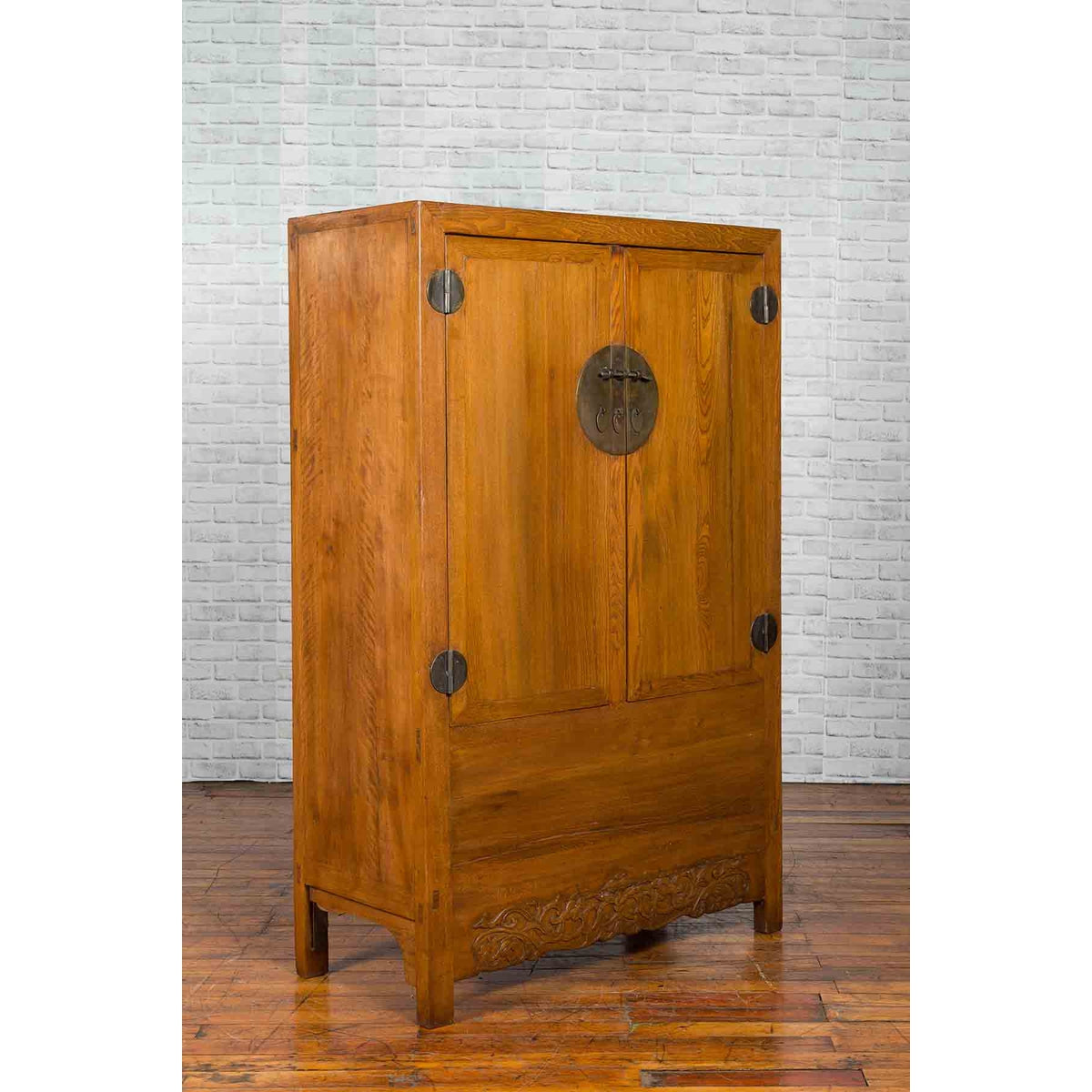 Chinese 19th Century Qing Dynasty Period Natural Elm Cabinet with Carved Apron-3. Asian & Chinese Furniture, Art, Antiques, Vintage Home Décor for sale at FEA Home