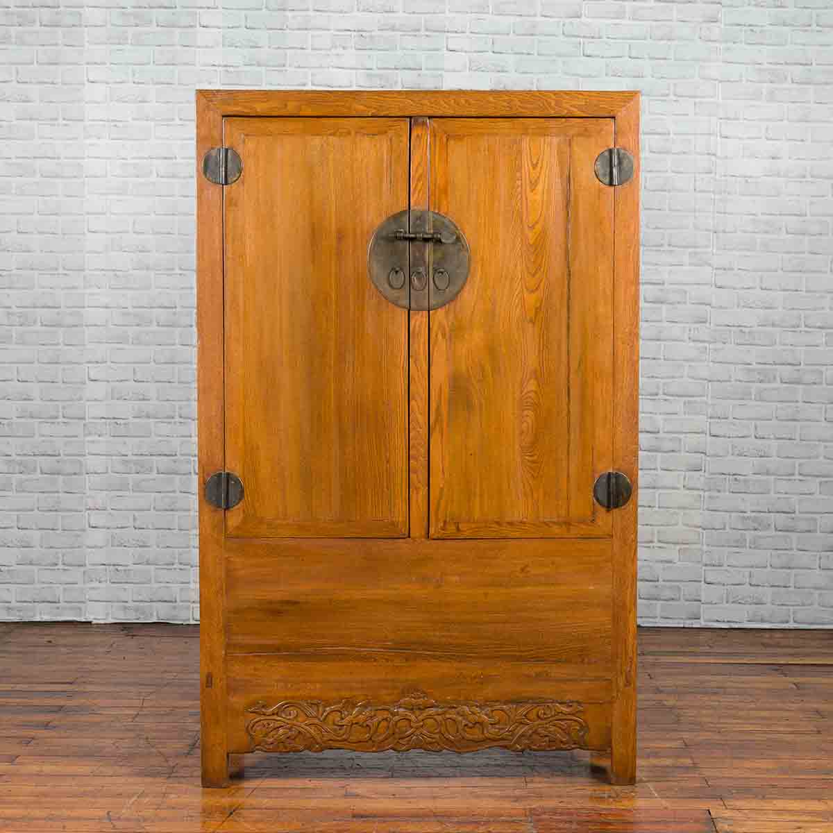 Chinese 19th Century Qing Dynasty Period Natural Elm Cabinet with Carved Apron-5. Asian & Chinese Furniture, Art, Antiques, Vintage Home Décor for sale at FEA Home