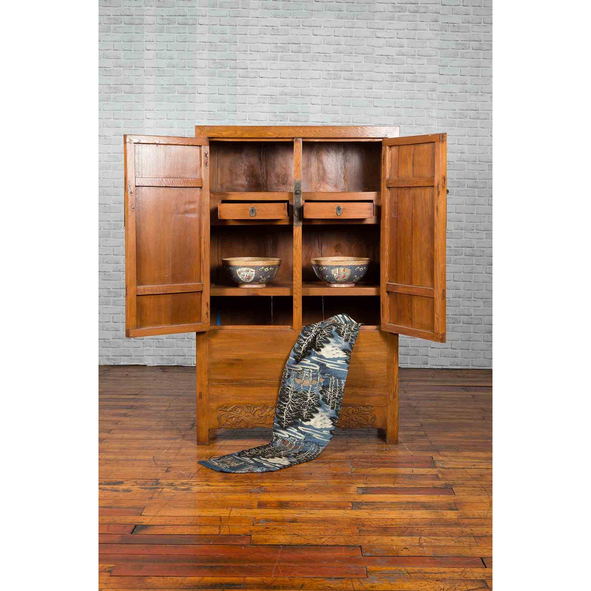 Chinese 19th Century Qing Dynasty Period Natural Elm Cabinet with Carved Apron-4. Asian & Chinese Furniture, Art, Antiques, Vintage Home Décor for sale at FEA Home