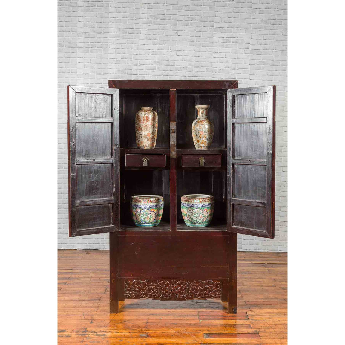 Chinese Qing Dynasty 19th Century Dark Brown Lacquer Cabinet with Carved Foliage-3. Asian & Chinese Furniture, Art, Antiques, Vintage Home Décor for sale at FEA Home