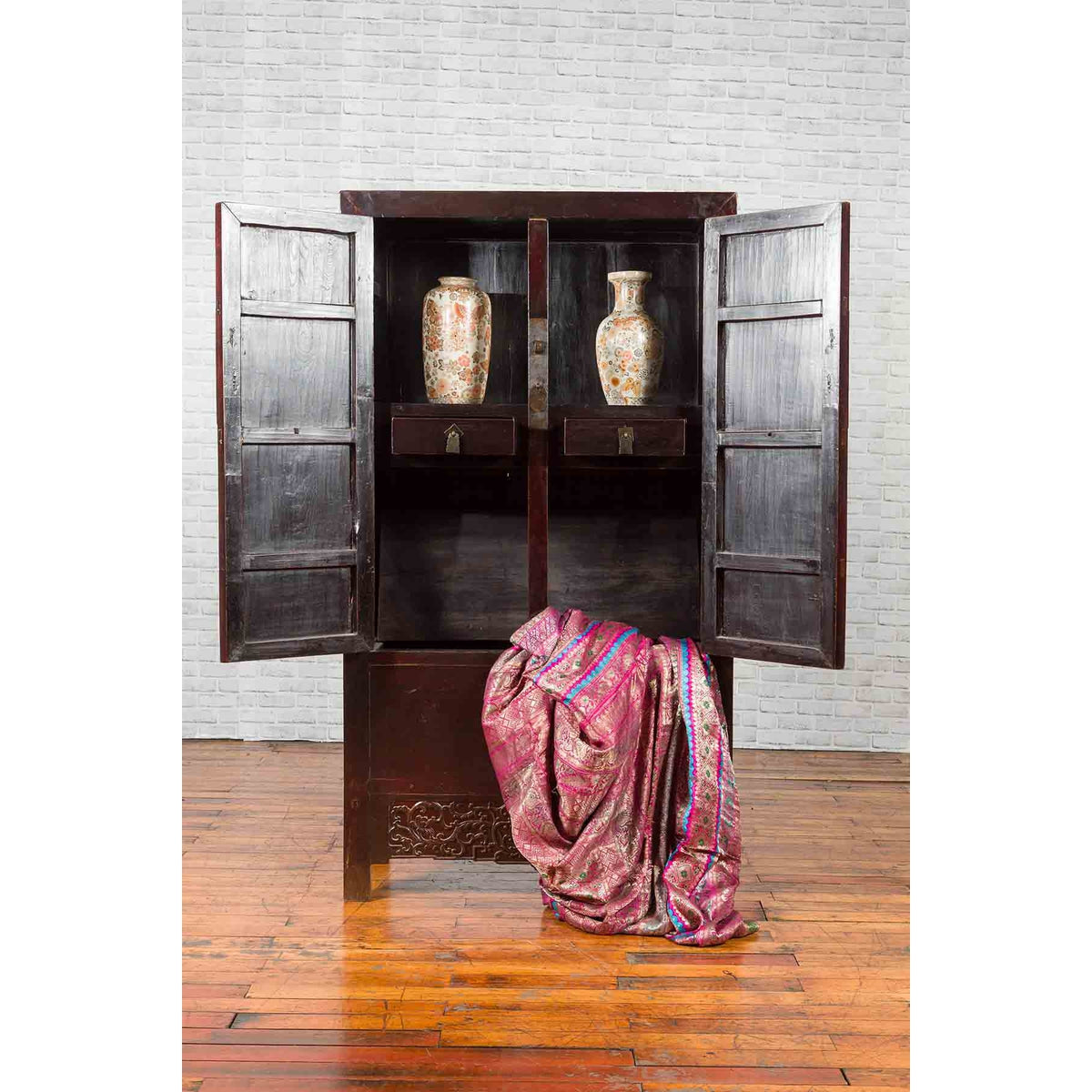 Chinese Qing Dynasty 19th Century Dark Brown Lacquer Cabinet with Carved Foliage-6. Asian & Chinese Furniture, Art, Antiques, Vintage Home Décor for sale at FEA Home