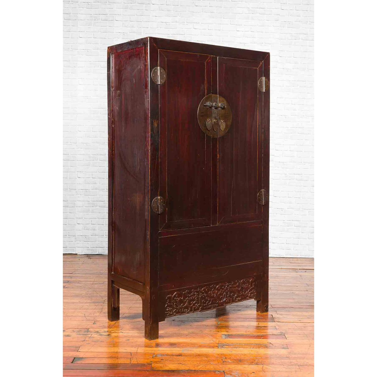 Chinese Qing Dynasty 19th Century Dark Brown Lacquer Cabinet with Carved Foliage-4. Asian & Chinese Furniture, Art, Antiques, Vintage Home Décor for sale at FEA Home