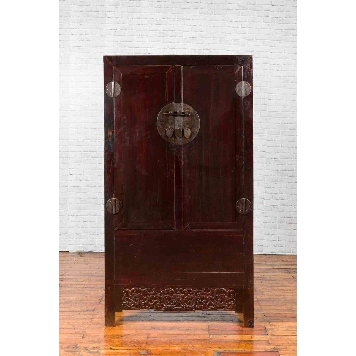 Chinese Qing Dynasty 19th Century Dark Brown Lacquer Cabinet with Carved Foliage-5. Asian & Chinese Furniture, Art, Antiques, Vintage Home Décor for sale at FEA Home