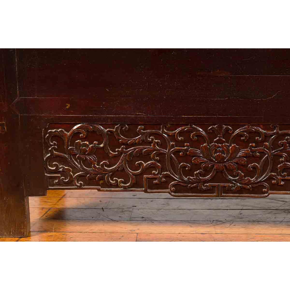 Chinese Qing Dynasty 19th Century Dark Brown Lacquer Cabinet with Carved Foliage-13. Asian & Chinese Furniture, Art, Antiques, Vintage Home Décor for sale at FEA Home