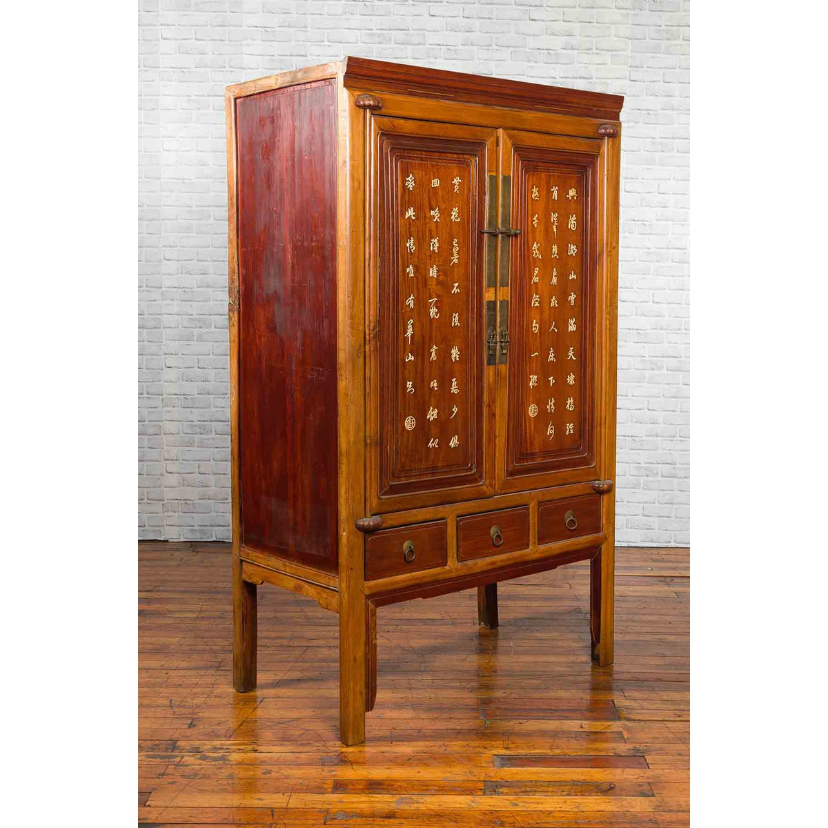 Chinese Antique Two-Toned Cabinet with Inlaid Calligraphy Motifs and Drawers-3. Asian & Chinese Furniture, Art, Antiques, Vintage Home Décor for sale at FEA Home