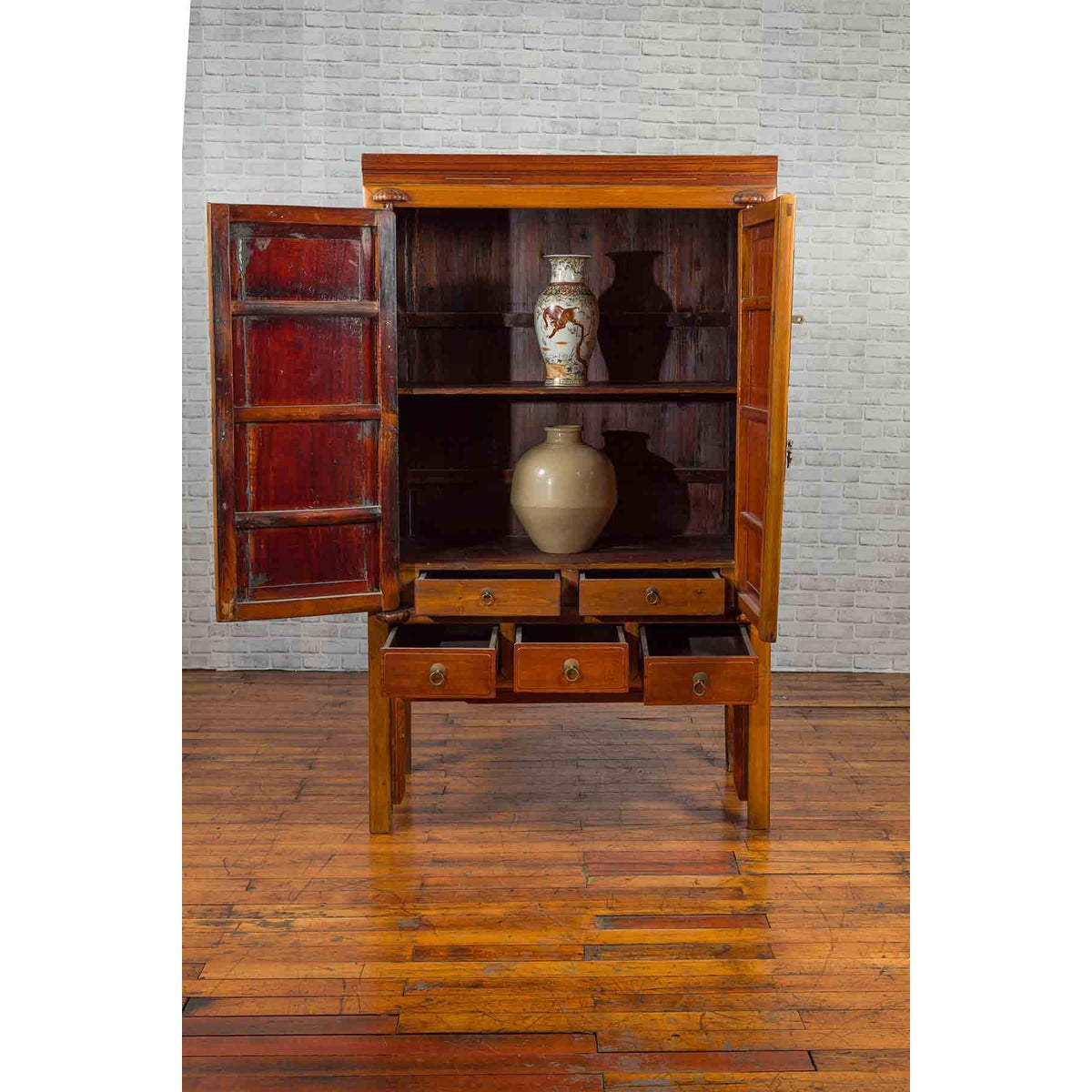 Chinese Antique Two-Toned Cabinet with Inlaid Calligraphy Motifs and Drawers-4. Asian & Chinese Furniture, Art, Antiques, Vintage Home Décor for sale at FEA Home