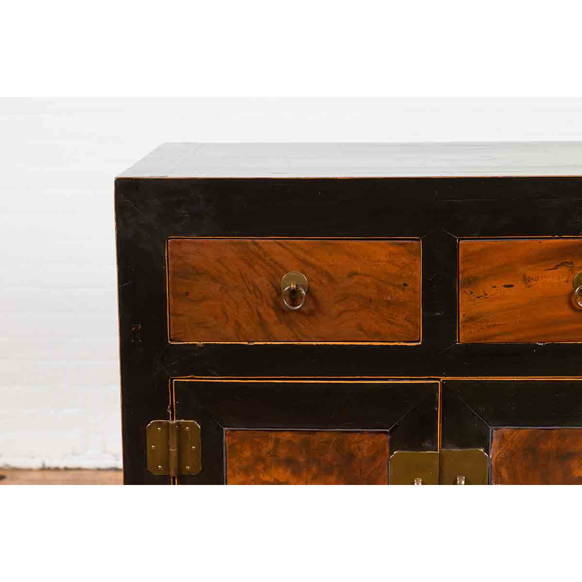 Chinese Hebei Two Toned Low Cabinet with Black Lacquer and Burl Wood Accents-5. Asian & Chinese Furniture, Art, Antiques, Vintage Home Décor for sale at FEA Home