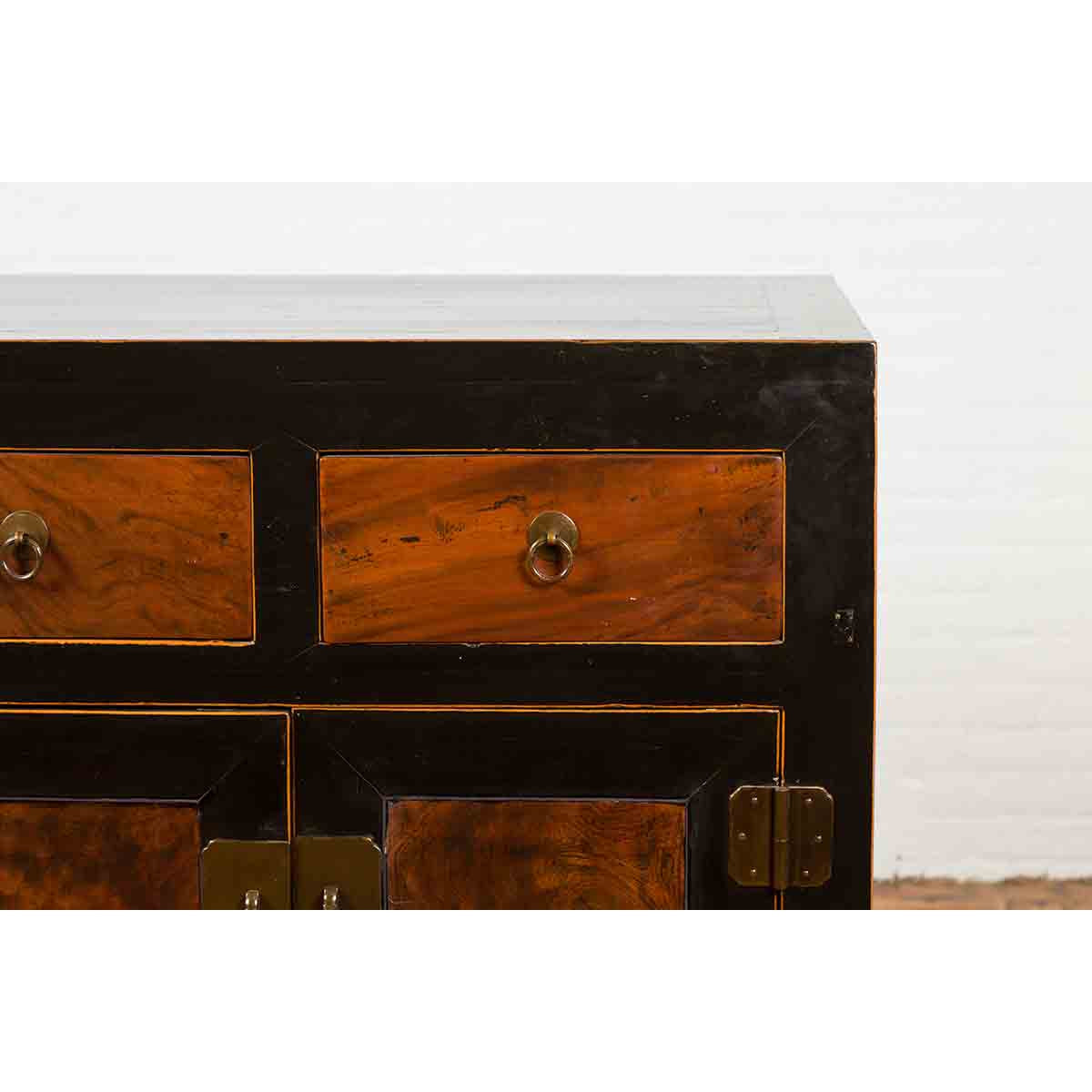 Chinese Hebei Two Toned Low Cabinet with Black Lacquer and Burl Wood Accents-7. Asian & Chinese Furniture, Art, Antiques, Vintage Home Décor for sale at FEA Home