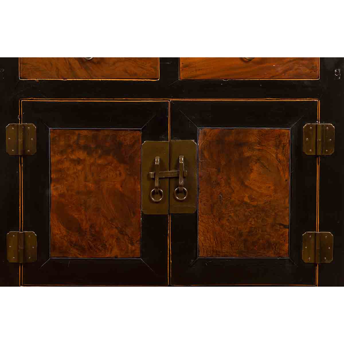 Chinese Hebei Two Toned Low Cabinet with Black Lacquer and Burl Wood Accents-6. Asian & Chinese Furniture, Art, Antiques, Vintage Home Décor for sale at FEA Home
