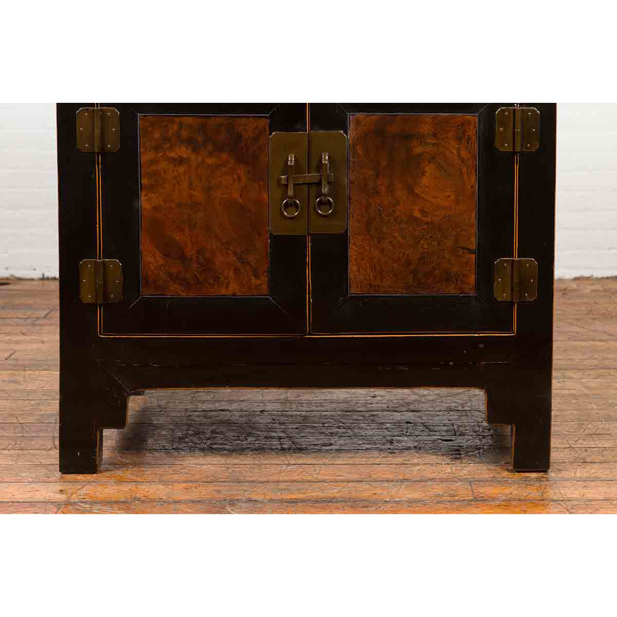 Chinese Hebei Two Toned Low Cabinet with Black Lacquer and Burl Wood Accents-8. Asian & Chinese Furniture, Art, Antiques, Vintage Home Décor for sale at FEA Home