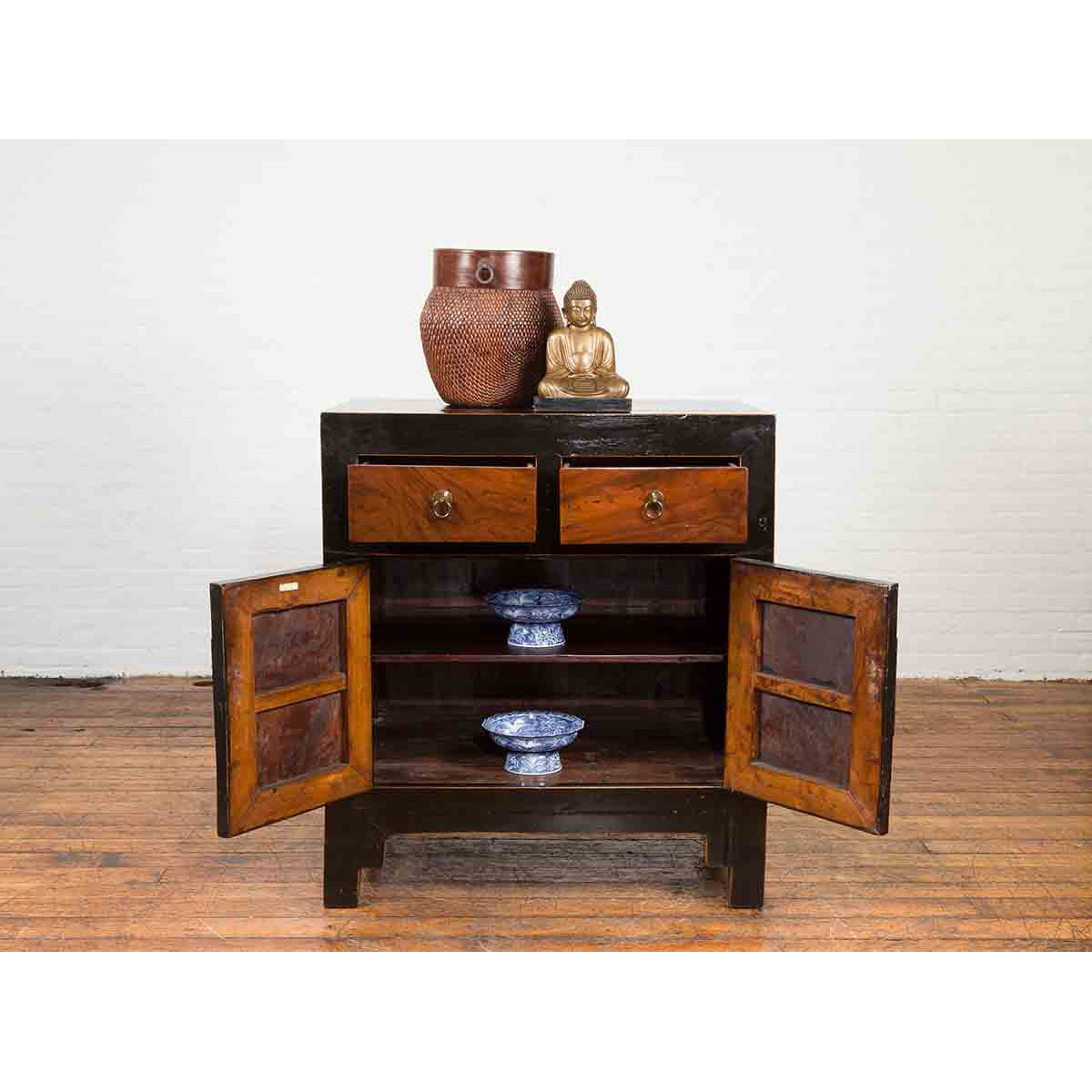 Chinese Hebei Two Toned Low Cabinet with Black Lacquer and Burl Wood Accents-4. Asian & Chinese Furniture, Art, Antiques, Vintage Home Décor for sale at FEA Home