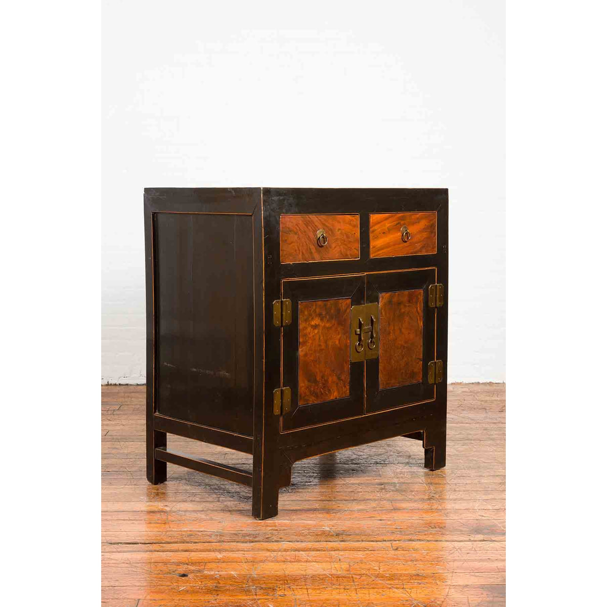 Chinese Hebei Two Toned Low Cabinet with Black Lacquer and Burl Wood Accents-3. Asian & Chinese Furniture, Art, Antiques, Vintage Home Décor for sale at FEA Home