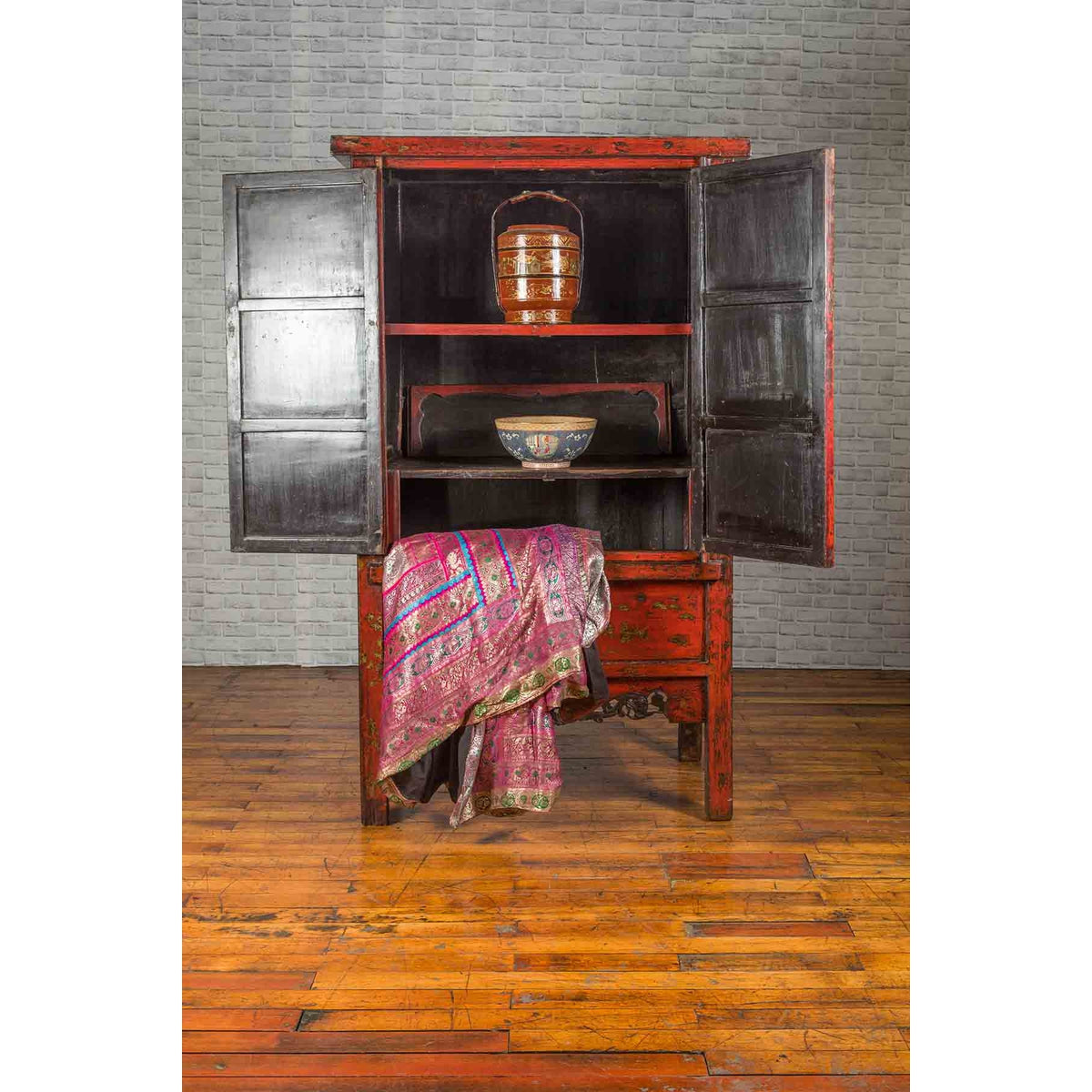 Chinese Qing Dynasty Original Red Lacquer Cabinet with Gilt Chinoiserie Decor-4. Asian & Chinese Furniture, Art, Antiques, Vintage Home Décor for sale at FEA Home