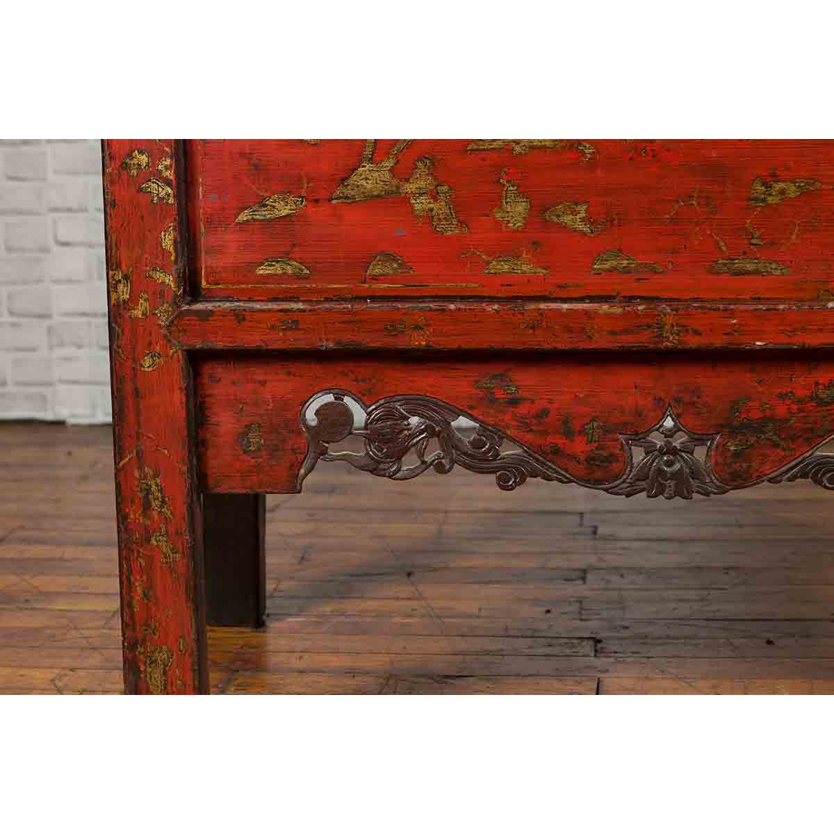 Chinese Qing Dynasty Original Red Lacquer Cabinet with Gilt Chinoiserie Decor-12. Asian & Chinese Furniture, Art, Antiques, Vintage Home Décor for sale at FEA Home