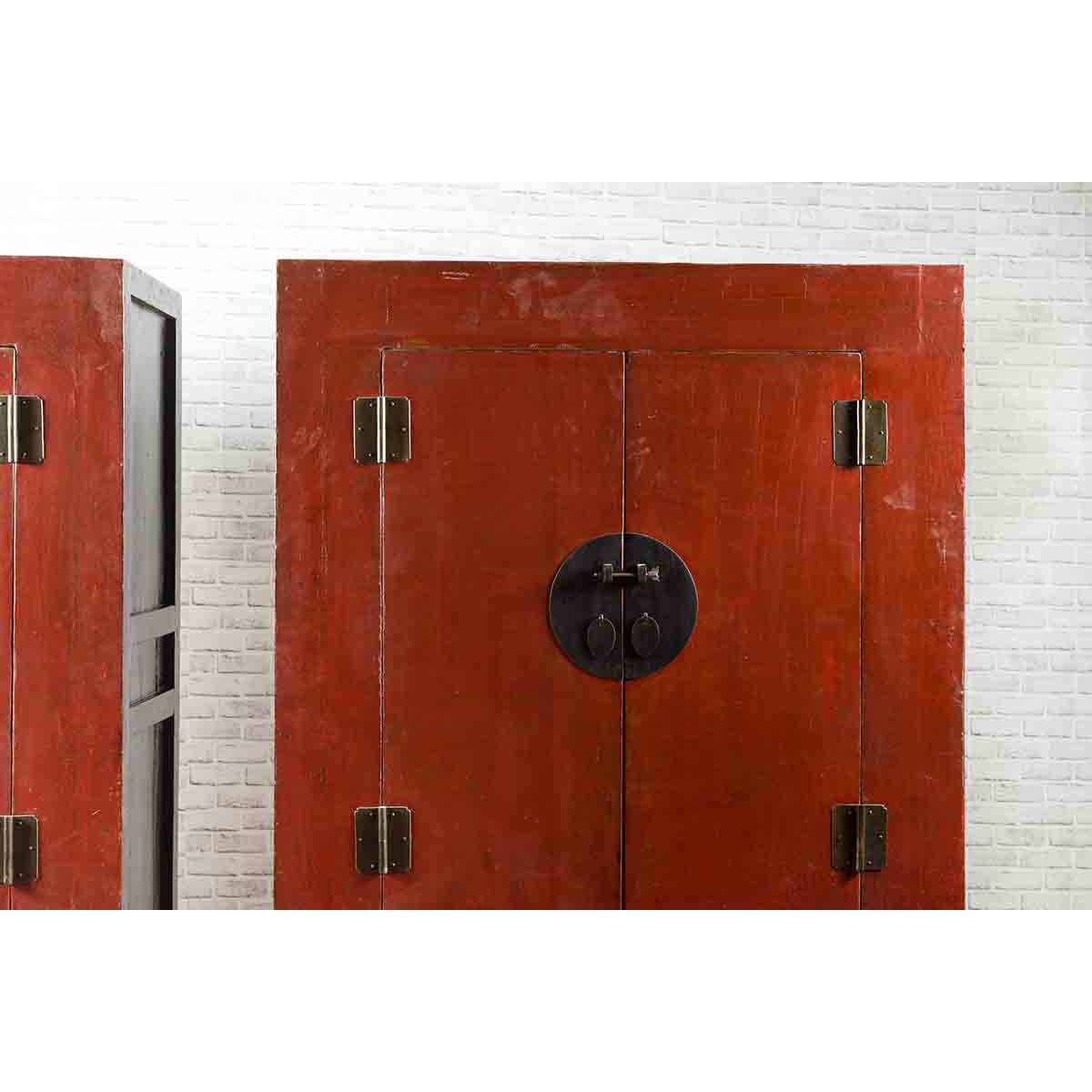 Chinese 19th Century Qing Dynasty Red Lacquer Cabinet with Medallion Hardware-4. Asian & Chinese Furniture, Art, Antiques, Vintage Home Décor for sale at FEA Home
