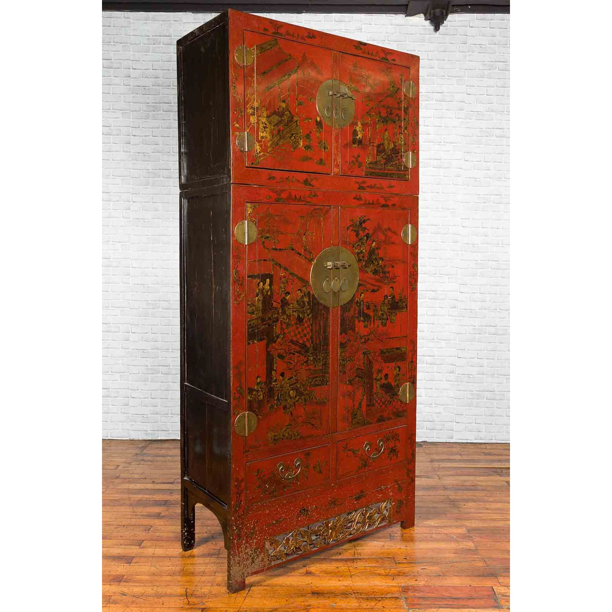 Chinese Qing Dynasty 19th Century Red Lacquer Cabinet with Chinoiserie Décor-3. Asian & Chinese Furniture, Art, Antiques, Vintage Home Décor for sale at FEA Home
