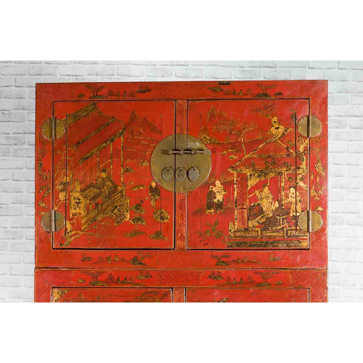 Chinese Qing Dynasty 19th Century Red Lacquer Cabinet with Chinoiserie Décor-5. Asian & Chinese Furniture, Art, Antiques, Vintage Home Décor for sale at FEA Home