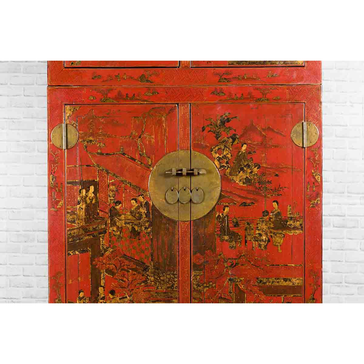 Chinese Qing Dynasty 19th Century Red Lacquer Cabinet with Chinoiserie Décor-6. Asian & Chinese Furniture, Art, Antiques, Vintage Home Décor for sale at FEA Home