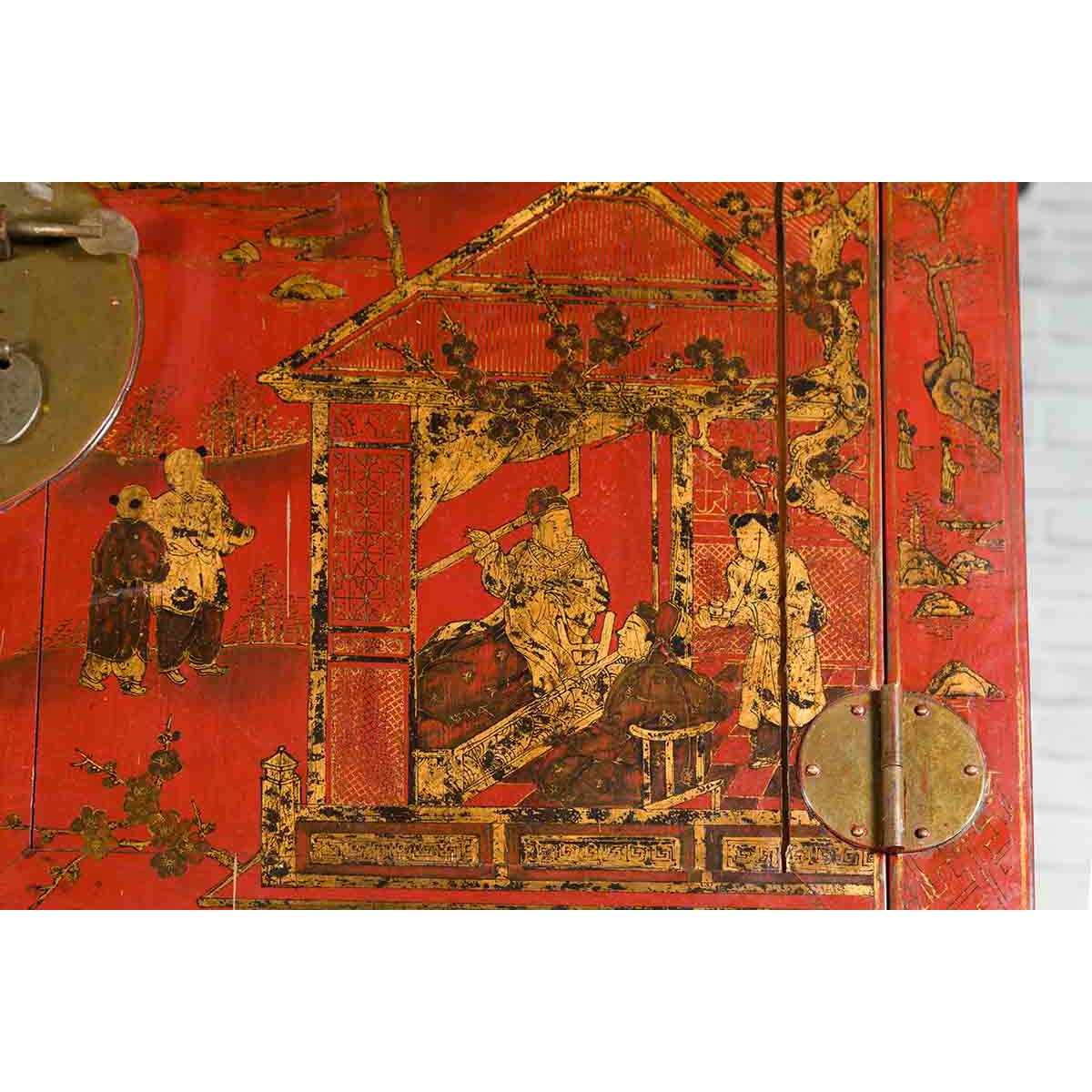 Chinese Qing Dynasty 19th Century Red Lacquer Cabinet with Chinoiserie Décor-10. Asian & Chinese Furniture, Art, Antiques, Vintage Home Décor for sale at FEA Home