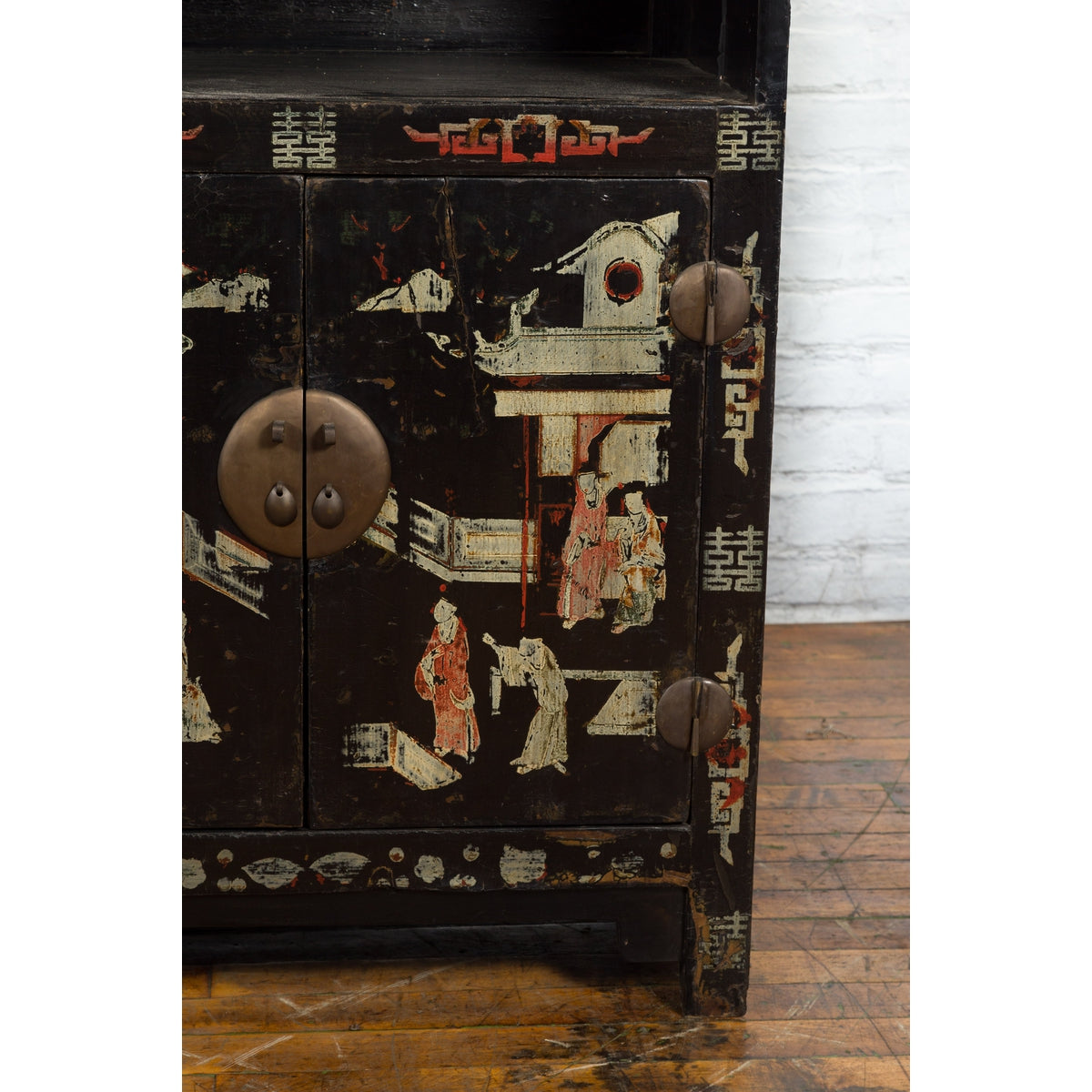 Pair of Chinese Qing Dynasty Black Lacquer Cabinets with Hand Painted Motifs-13. Asian & Chinese Furniture, Art, Antiques, Vintage Home Décor for sale at FEA Home