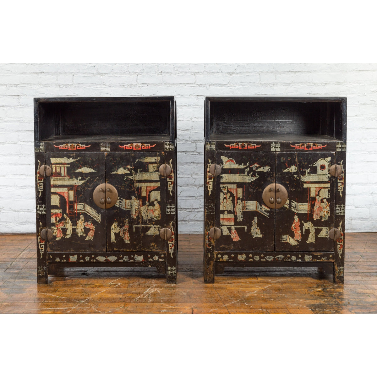 Pair of Chinese Qing Dynasty Black Lacquer Cabinets with Hand Painted Motifs-2. Asian & Chinese Furniture, Art, Antiques, Vintage Home Décor for sale at FEA Home