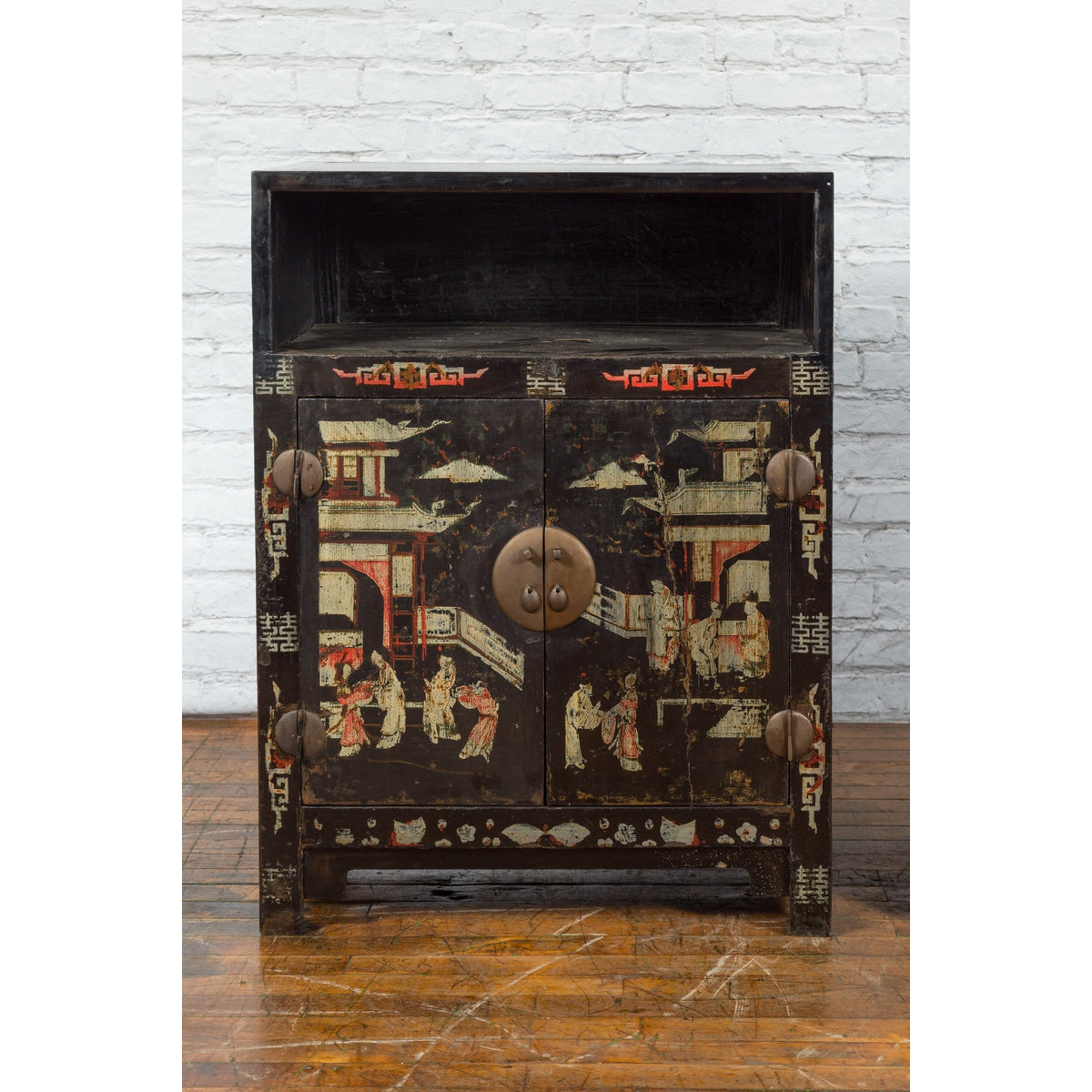 Pair of Chinese Qing Dynasty Black Lacquer Cabinets with Hand Painted Motifs-4. Asian & Chinese Furniture, Art, Antiques, Vintage Home Décor for sale at FEA Home
