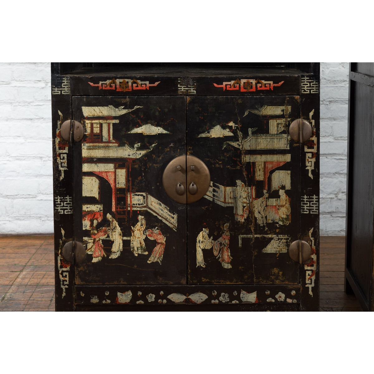 Pair of Chinese Qing Dynasty Black Lacquer Cabinets with Hand Painted Motifs-7. Asian & Chinese Furniture, Art, Antiques, Vintage Home Décor for sale at FEA Home