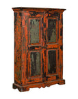 Burnt orange and green hand-painted wooden Indian cabinet with double doors, distressed antique finish, front view.