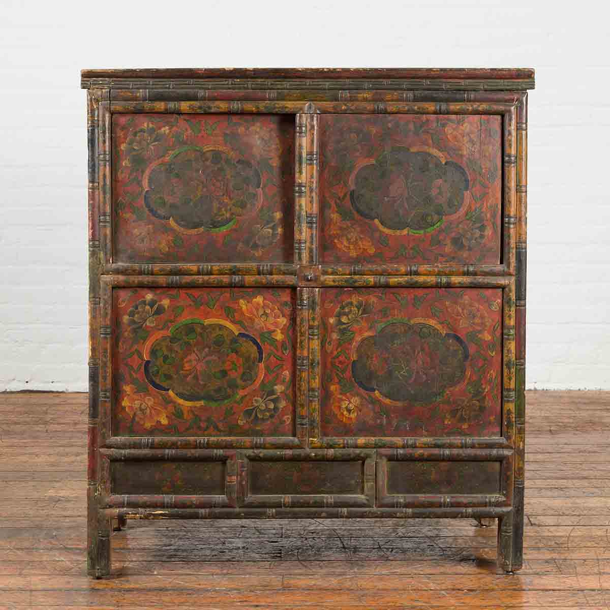 19th Century Polychrome Tibetan Cabinet with Double Doors and Painted Cartouches-2. Asian & Chinese Furniture, Art, Antiques, Vintage Home Décor for sale at FEA Home