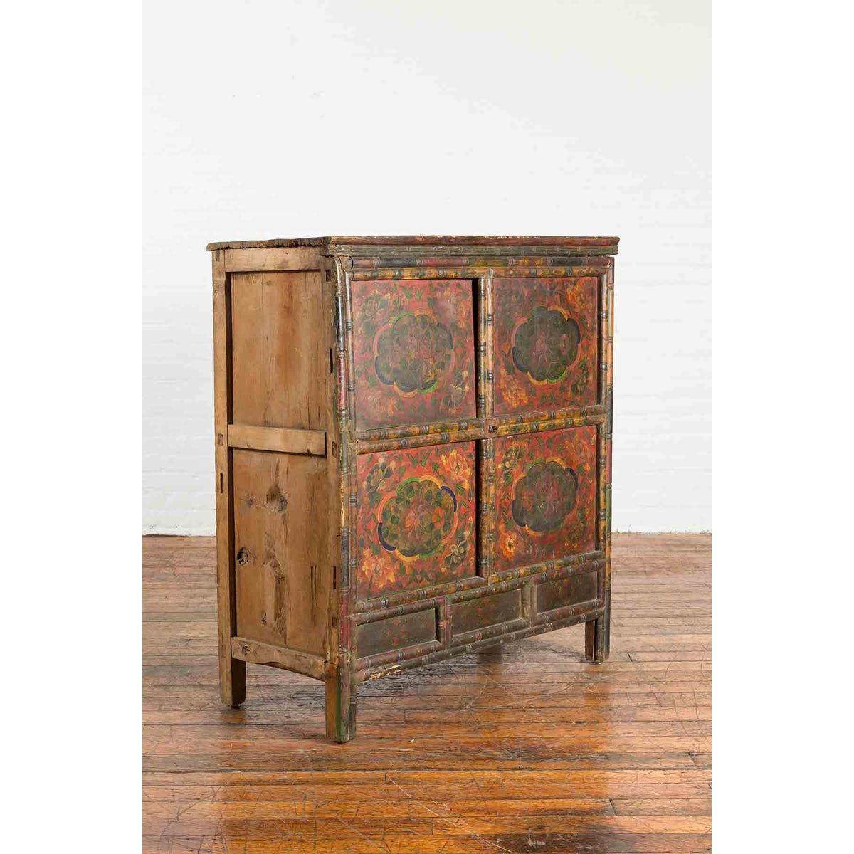 19th Century Polychrome Tibetan Cabinet with Double Doors and Painted Cartouches-5. Asian & Chinese Furniture, Art, Antiques, Vintage Home Décor for sale at FEA Home