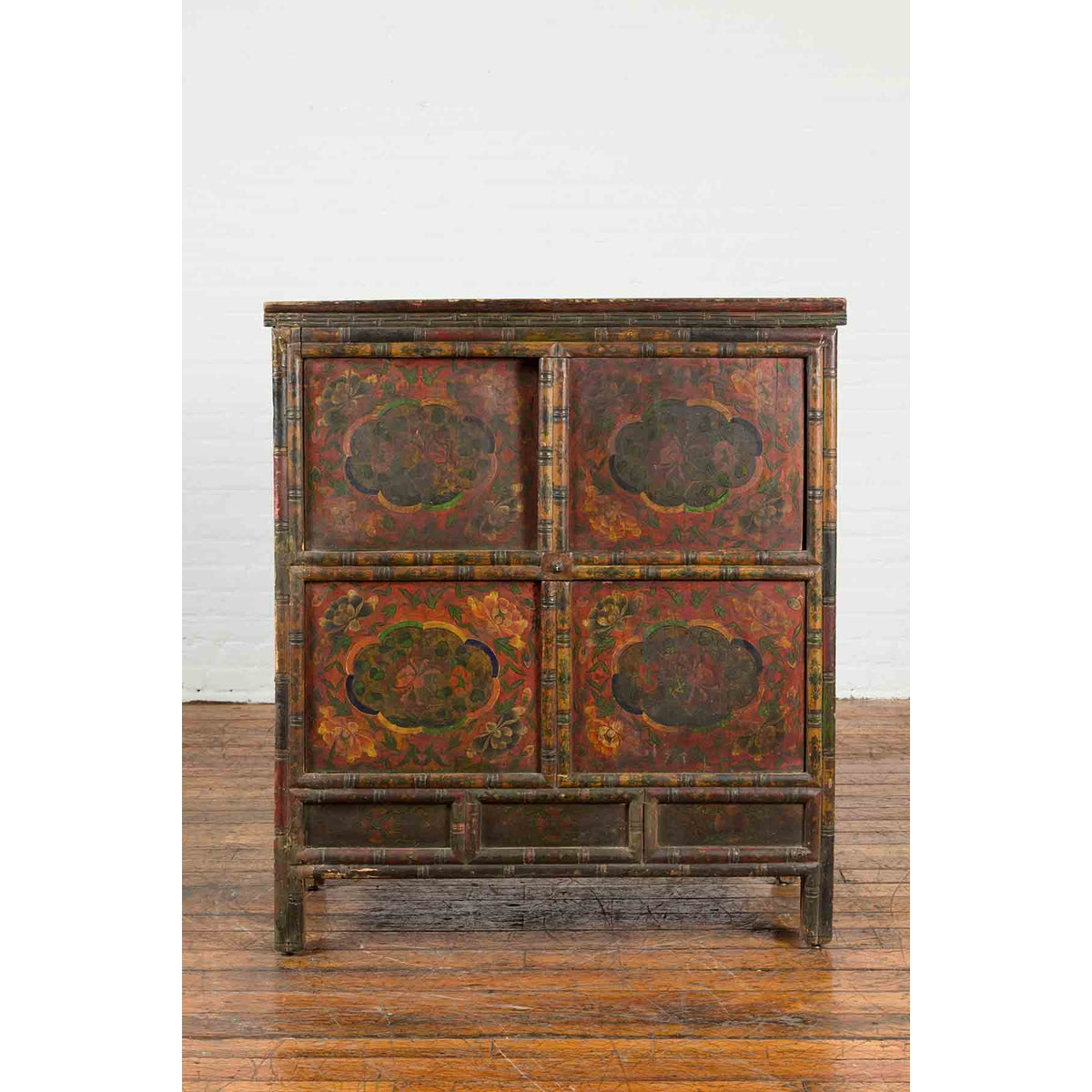 19th Century Polychrome Tibetan Cabinet with Double Doors and Painted Cartouches-6. Asian & Chinese Furniture, Art, Antiques, Vintage Home Décor for sale at FEA Home