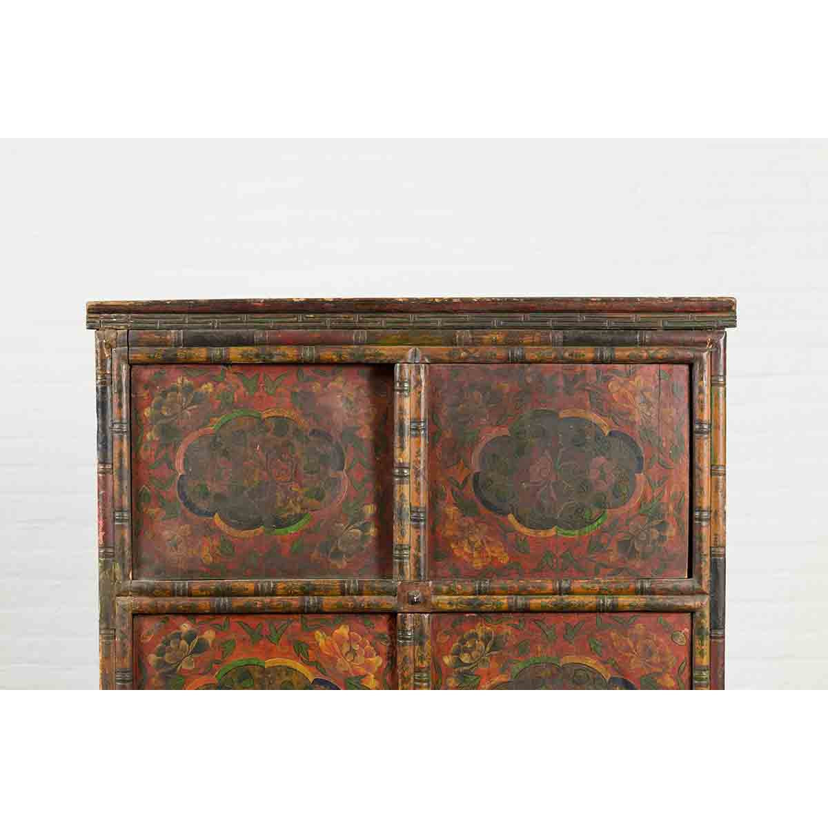 19th Century Polychrome Tibetan Cabinet with Double Doors and Painted Cartouches-7. Asian & Chinese Furniture, Art, Antiques, Vintage Home Décor for sale at FEA Home