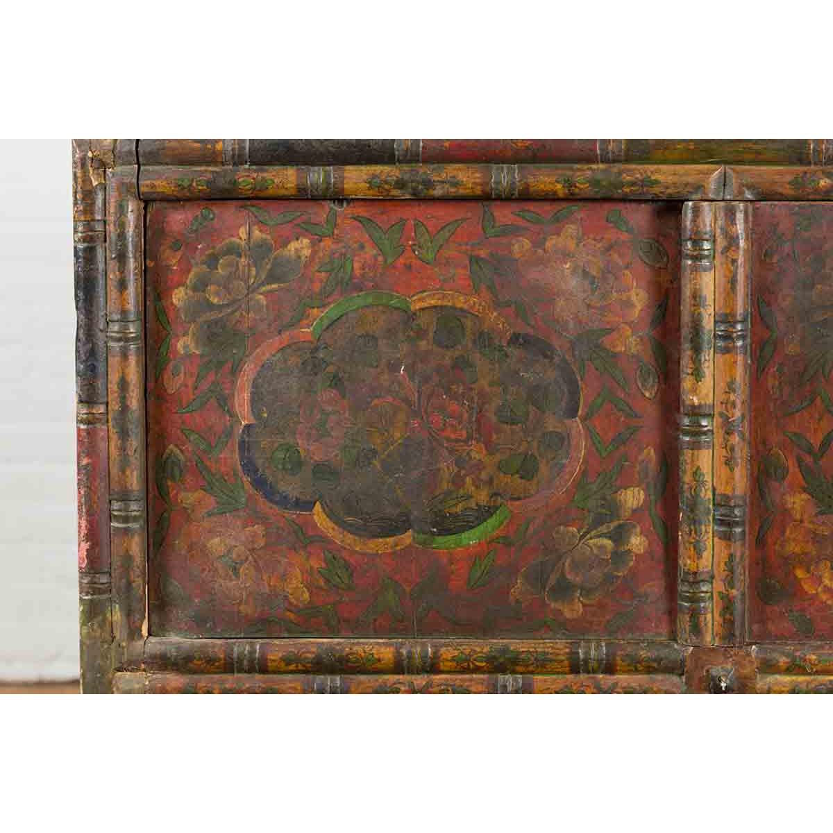 19th Century Polychrome Tibetan Cabinet with Double Doors and Painted Cartouches-9. Asian & Chinese Furniture, Art, Antiques, Vintage Home Décor for sale at FEA Home