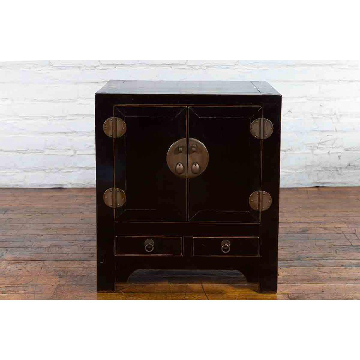 Qing Dynasty 19th Century Chinese Black Lacquer Side Cabinet with Two Drawers-4. Asian & Chinese Furniture, Art, Antiques, Vintage Home Décor for sale at FEA Home