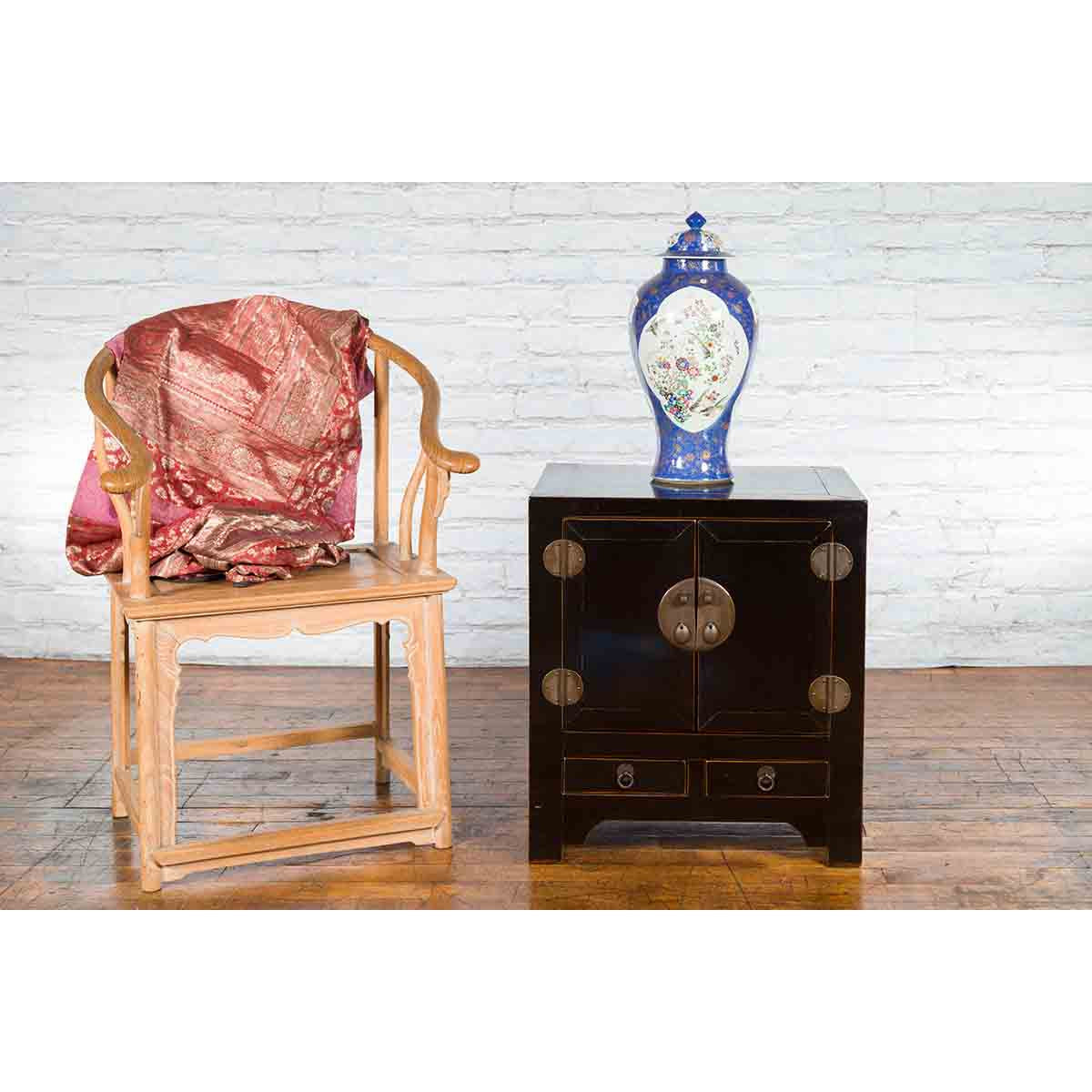 Qing Dynasty 19th Century Chinese Black Lacquer Side Cabinet with Two Drawers-3. Asian & Chinese Furniture, Art, Antiques, Vintage Home Décor for sale at FEA Home