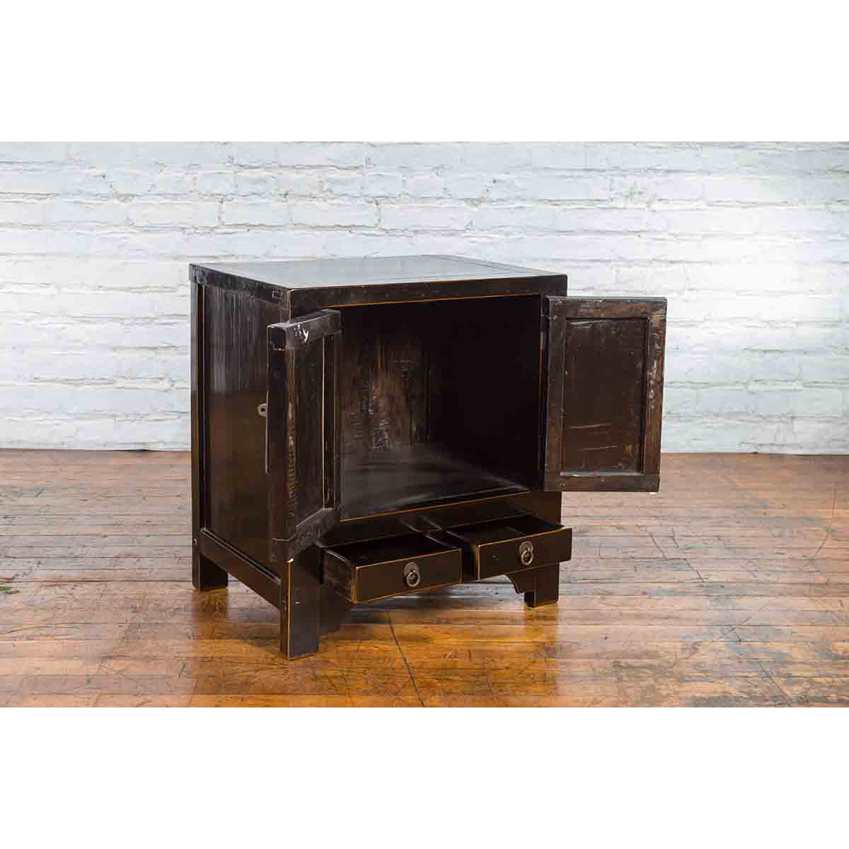 Qing Dynasty 19th Century Chinese Black Lacquer Side Cabinet with Two Drawers-6. Asian & Chinese Furniture, Art, Antiques, Vintage Home Décor for sale at FEA Home