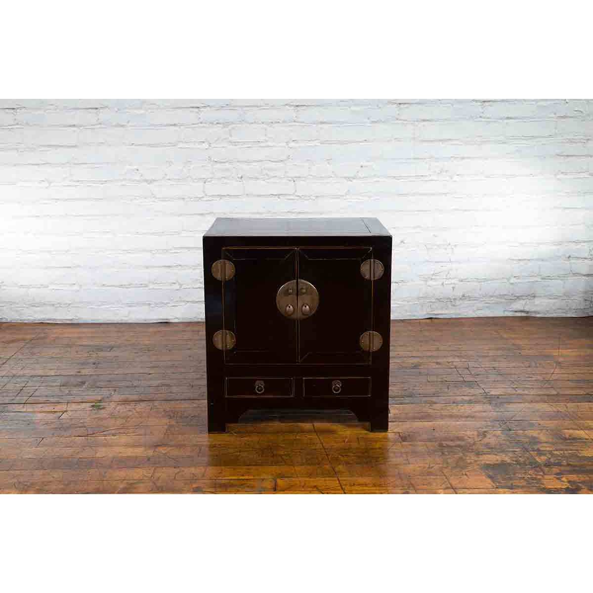 Qing Dynasty 19th Century Chinese Black Lacquer Side Cabinet with Two Drawers-10. Asian & Chinese Furniture, Art, Antiques, Vintage Home Décor for sale at FEA Home