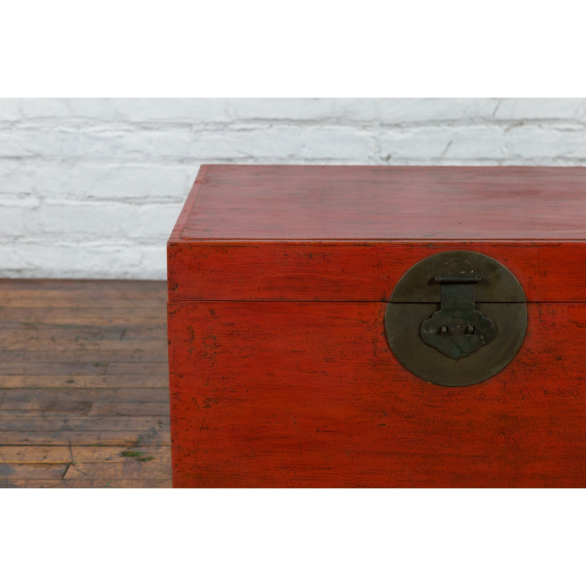 Chinese Qing Dynasty 19th Century Red Lacquer Blanket Chest with Brass Hardware-11. Asian & Chinese Furniture, Art, Antiques, Vintage Home Décor for sale at FEA Home