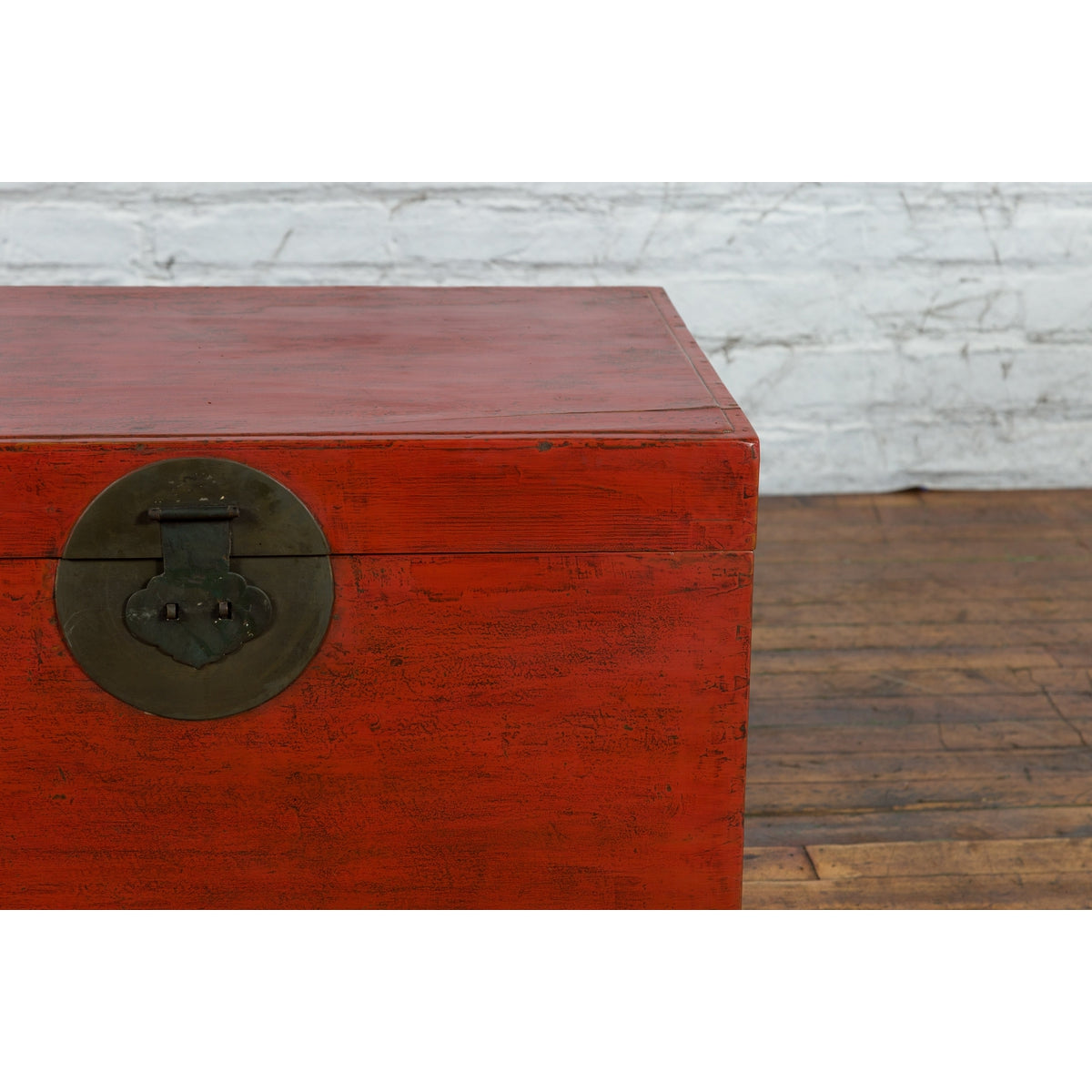 Chinese Qing Dynasty 19th Century Red Lacquer Blanket Chest with Brass Hardware-12. Asian & Chinese Furniture, Art, Antiques, Vintage Home Décor for sale at FEA Home