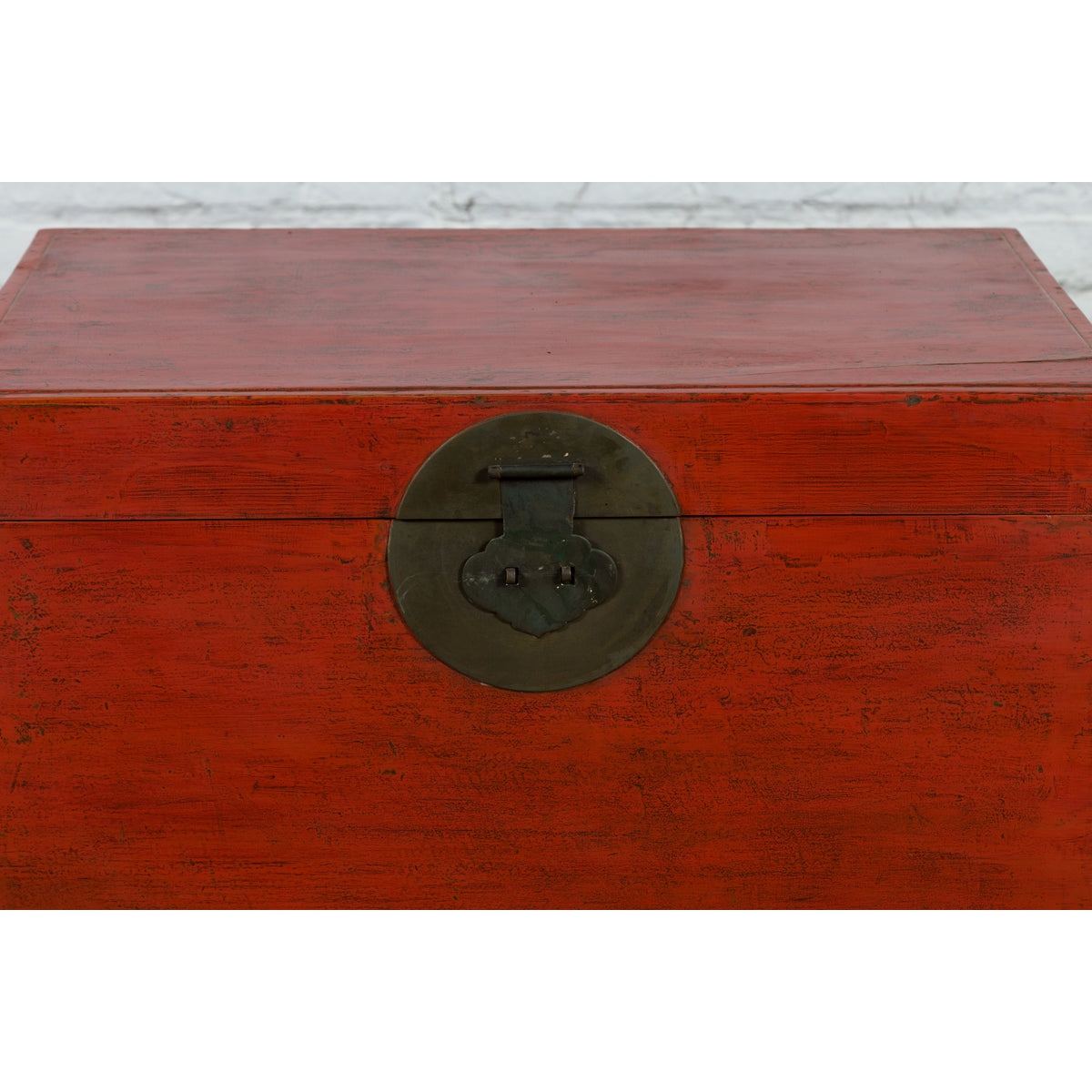 Chinese Qing Dynasty 19th Century Red Lacquer Blanket Chest with Brass Hardware-15. Asian & Chinese Furniture, Art, Antiques, Vintage Home Décor for sale at FEA Home