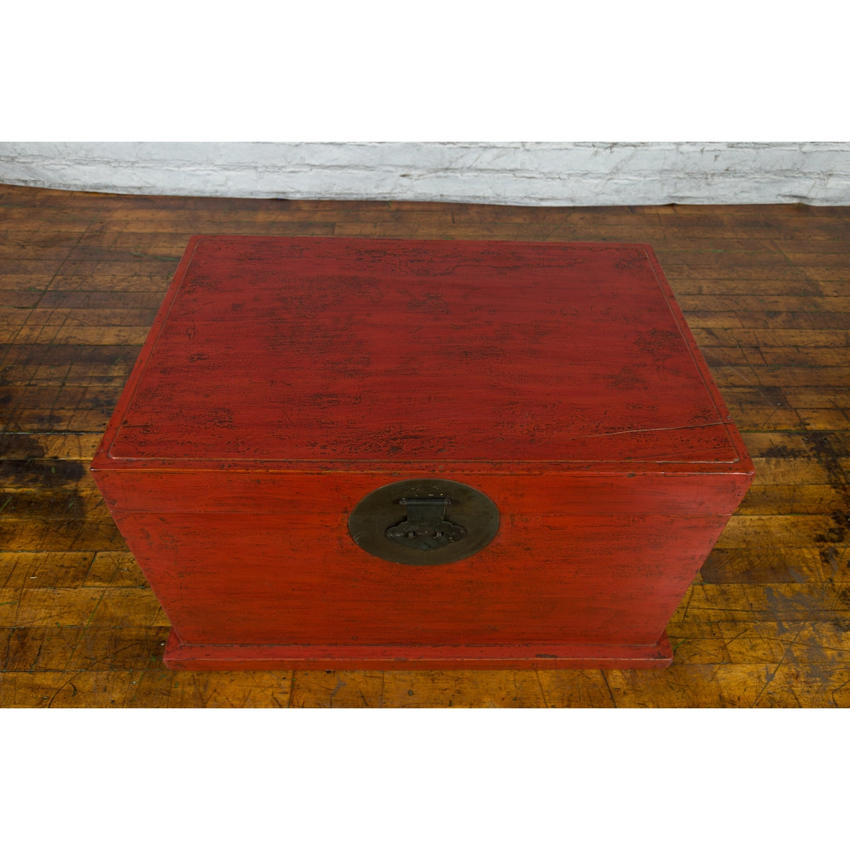 Chinese Qing Dynasty 19th Century Red Lacquer Blanket Chest with Brass Hardware-16. Asian & Chinese Furniture, Art, Antiques, Vintage Home Décor for sale at FEA Home