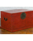 Chinese Qing Dynasty 19th Century Red Lacquer Blanket Chest with Brass Hardware-5. Asian & Chinese Furniture, Art, Antiques, Vintage Home Décor for sale at FEA Home
