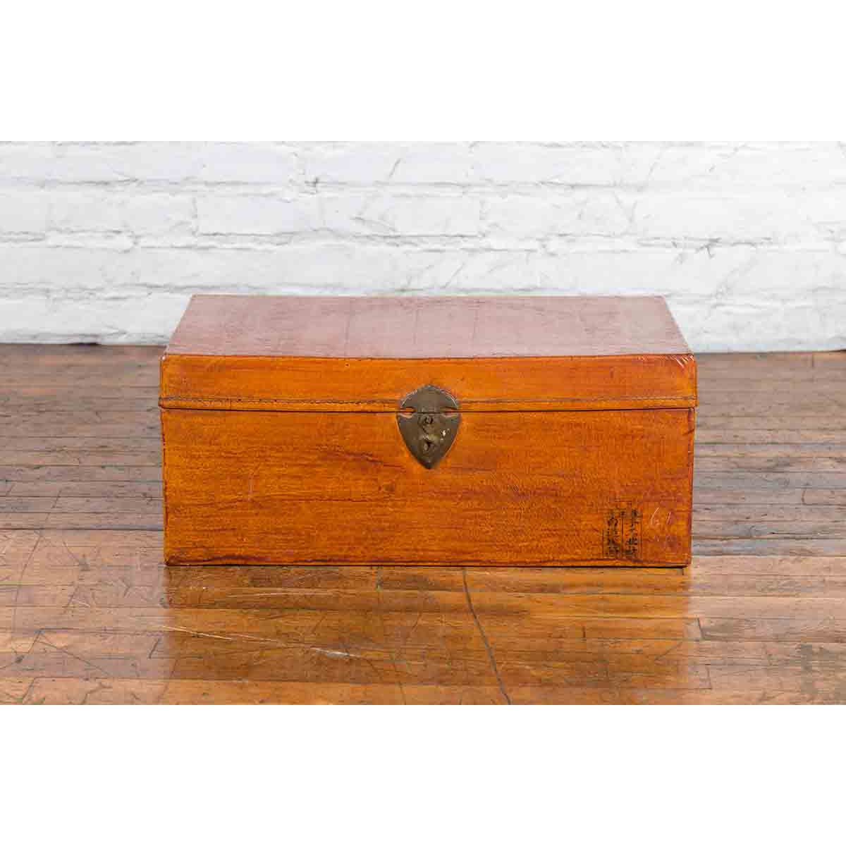Chinese Antique Leather and Brass Trunk with Original Lacquer and Calligraphy-4. Asian & Chinese Furniture, Art, Antiques, Vintage Home Décor for sale at FEA Home
