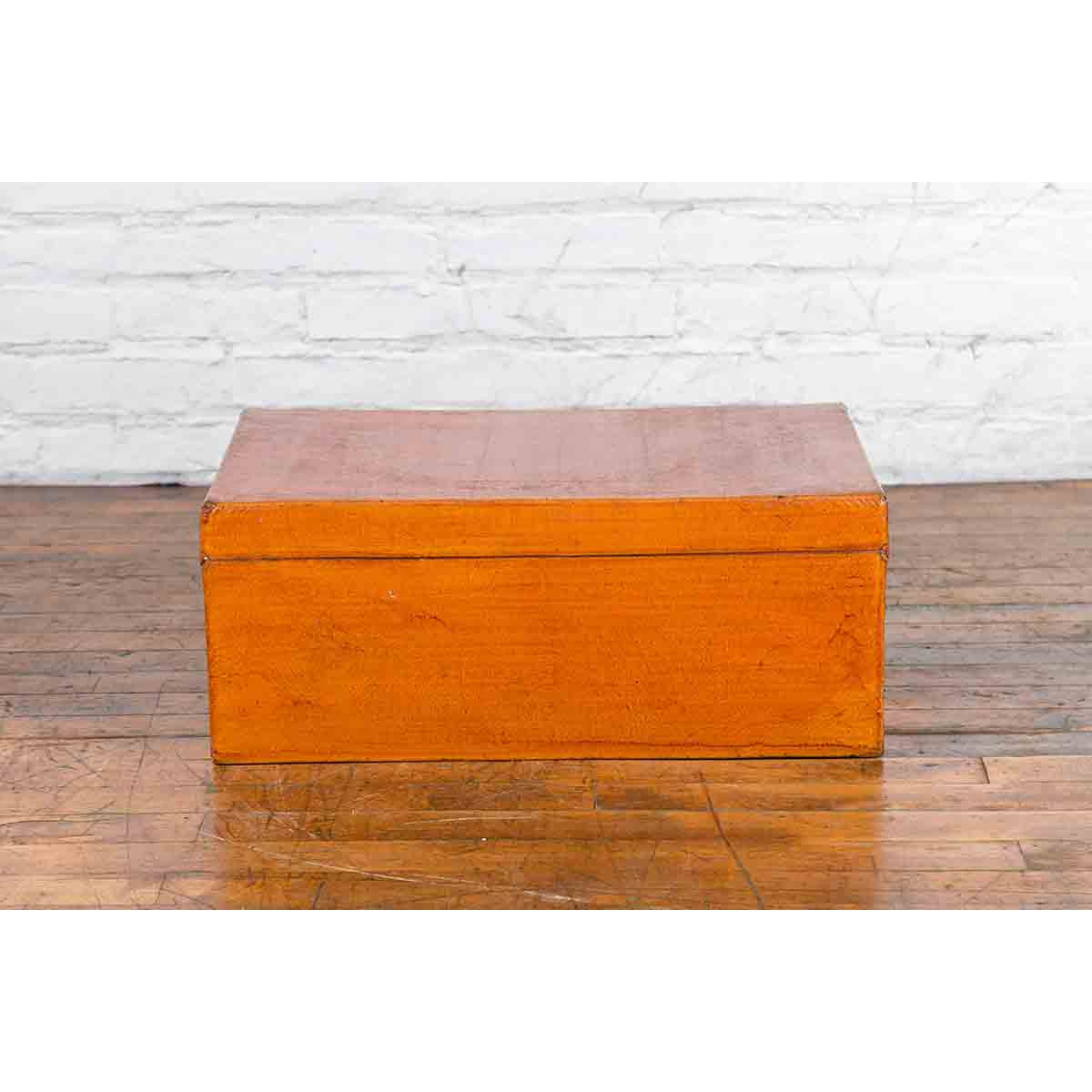 Chinese Antique Leather and Brass Trunk with Original Lacquer and Calligraphy-12. Asian & Chinese Furniture, Art, Antiques, Vintage Home Décor for sale at FEA Home